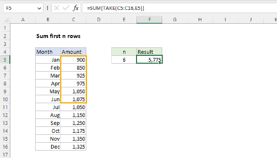 Excel Sum first n rows