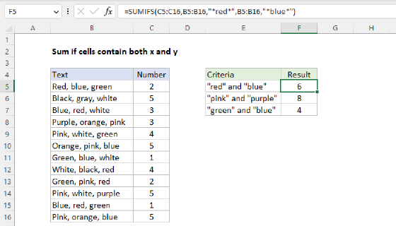 Excel Sum if cells contain both x and y