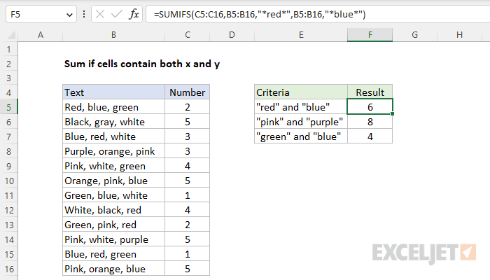 Sum if cells contain both x and y