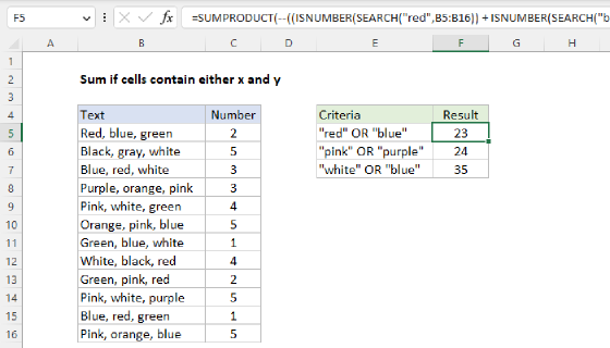 Excel Sum if cells contain either x or y