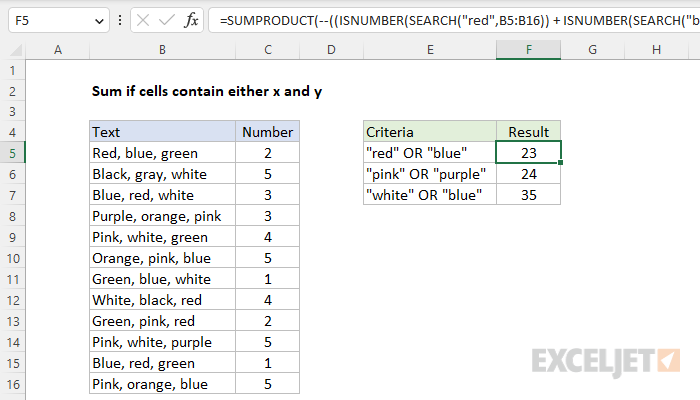 Sum if cells contain either x or y
