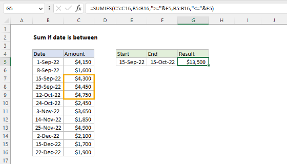 Excel Sum if date is between