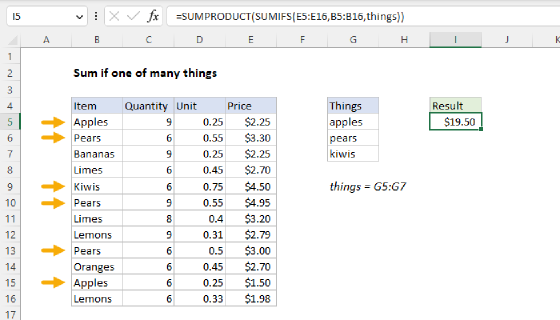 Excel Sum if one of many things