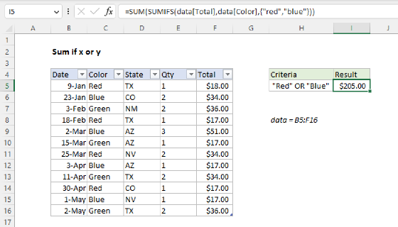 Excel Sum if x or y