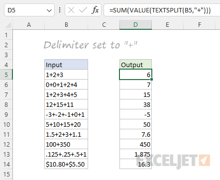 Delimiter set to a plus symbol "+"