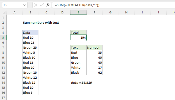 Excel Sum numbers with text