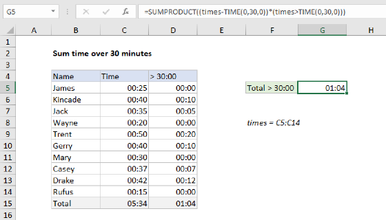 Excel Sum time over 30 minutes