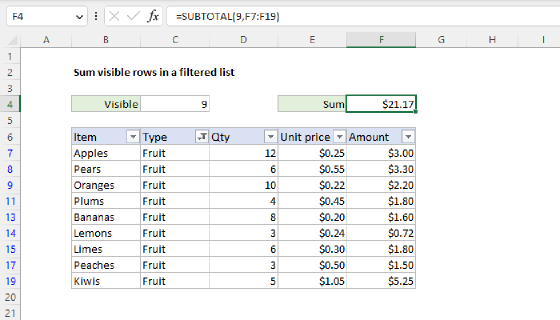 Excel Sum visible rows in a filtered list