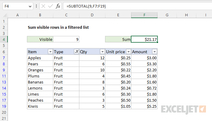 Sum visible rows in a filtered list