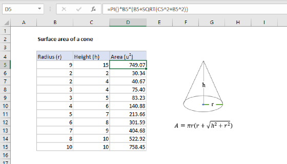 Excel Surface area of a cone