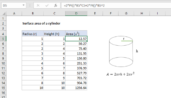 Excel Surface area of a cylinder