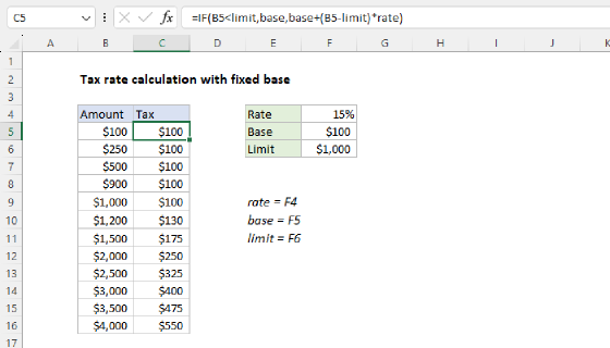 Excel Tax rate calculation with fixed base