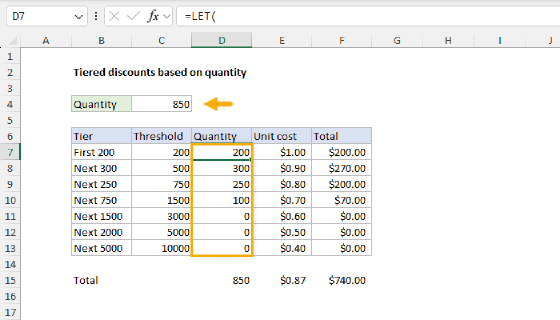 Excel Tiered discounts based on quantity