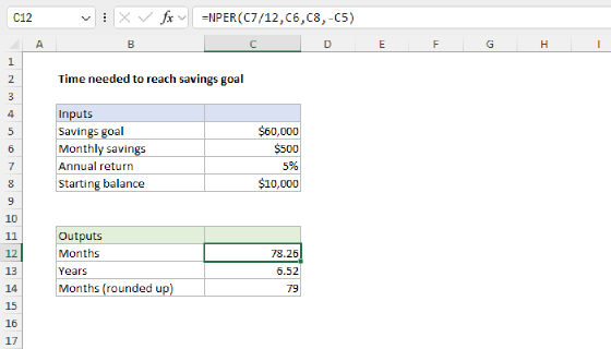 Excel Time needed to reach savings goal