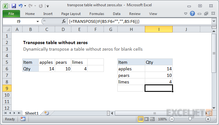 Transpose table without zeros