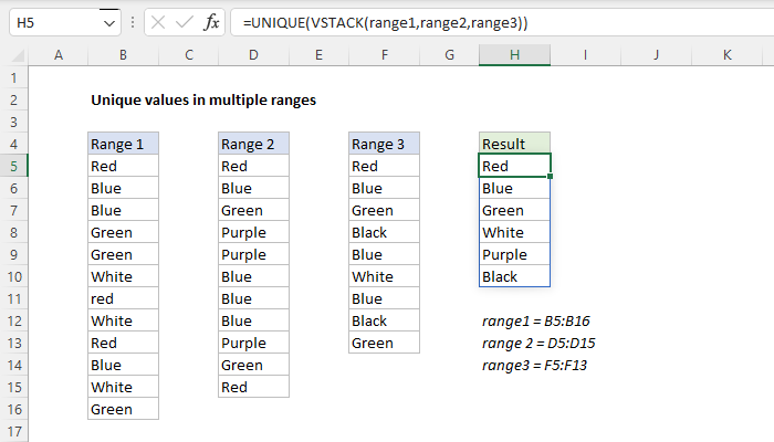 Unique values from multiple ranges
