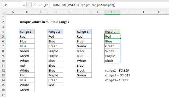Excel Unique values from multiple ranges
