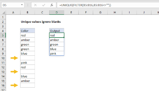 Excel Unique values ignore blanks