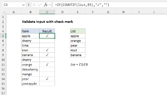 Excel Validate input with check mark