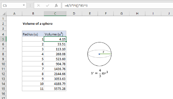 Excel Volume of a sphere