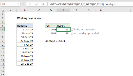 Excel Working days in year