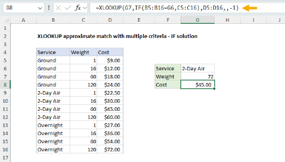Excel XLOOKUP approximate match with multiple criteria