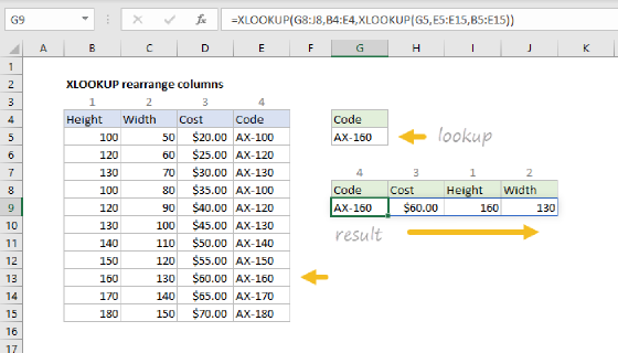 Excel XLOOKUP rearrange columns