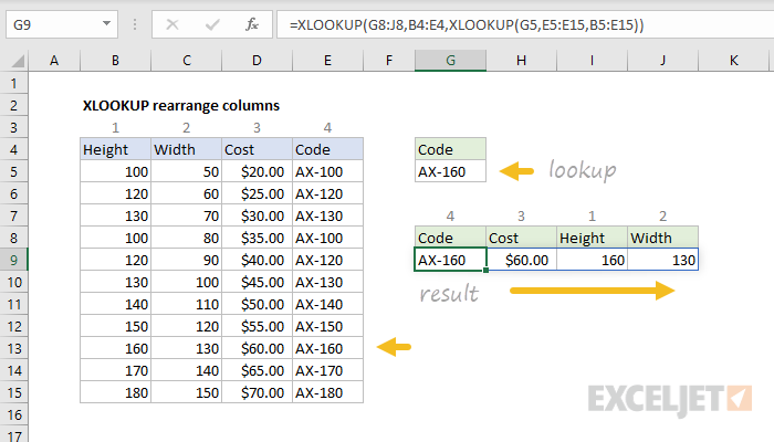 XLOOKUP rearrange columns