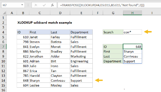Excel XLOOKUP wildcard match example