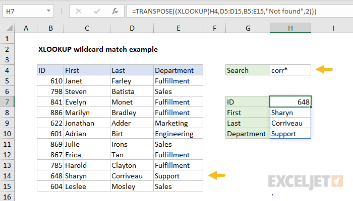 XLOOKUP wildcard match example