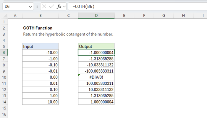 Excel COTH function | Exceljet