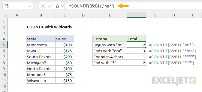 COUNTIF function example - working with wildcards