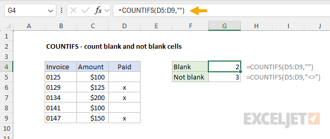 COUNTIFS function example - count blank and not blank cells
