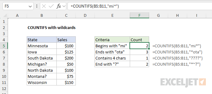 COUNTIFS function example - working with wildcards