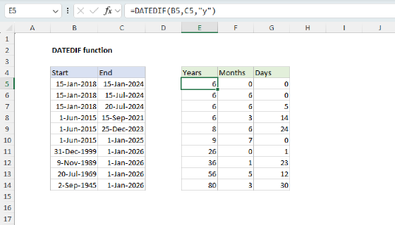 Excel DATEDIF Function