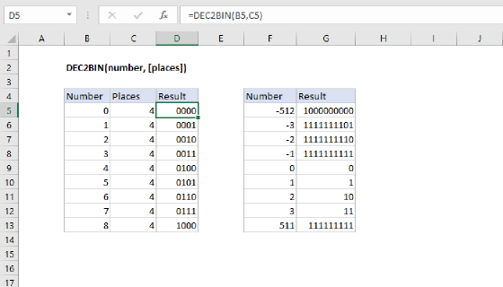 Excel DEC2BIN Function
