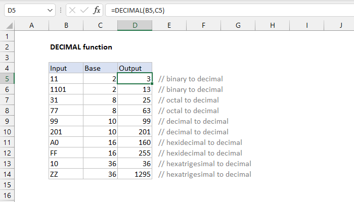 Excel DECIMAL function | Exceljet