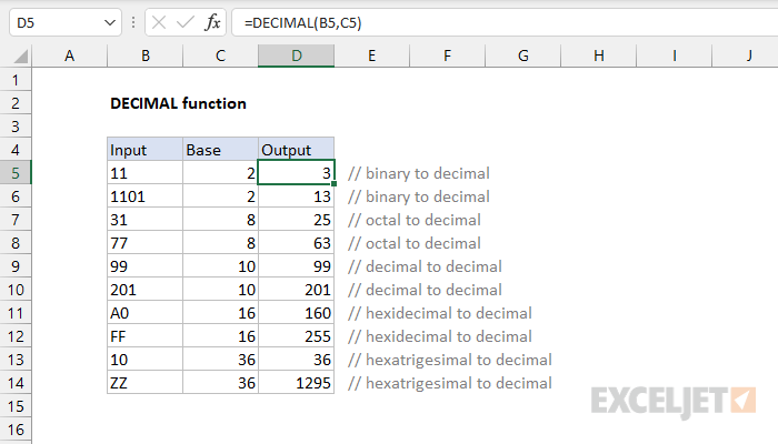 Excel DECIMAL Function