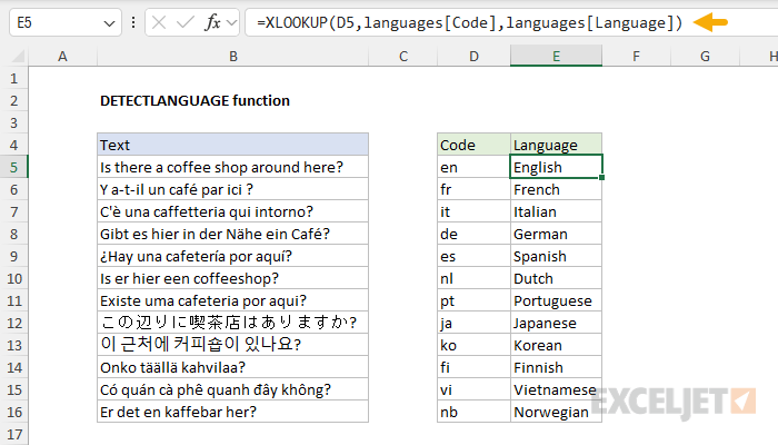 Using XLOOKUP to get the language name using the code