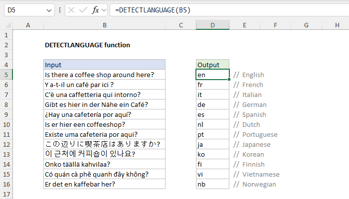 Excel DETECTLANGUAGE function | Exceljet