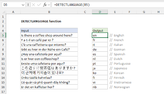 Excel DETECTLANGUAGE Function
