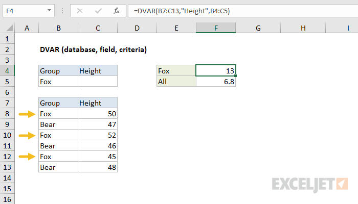 Excel DVAR Function