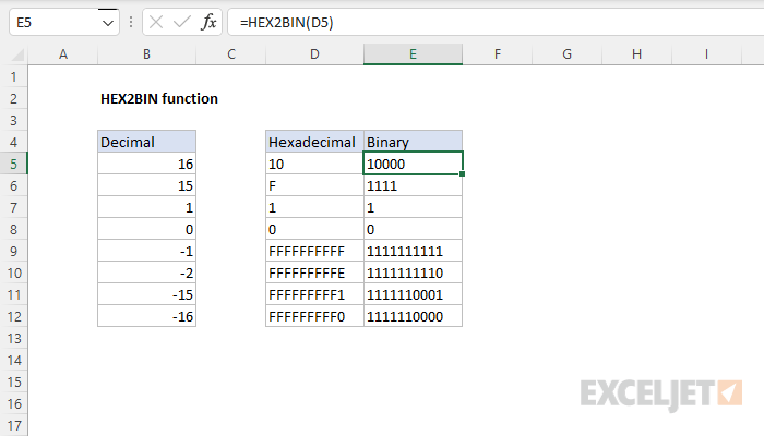 Excel HEX2BIN Function