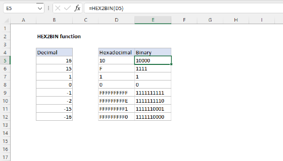 Excel HEX2BIN Function
