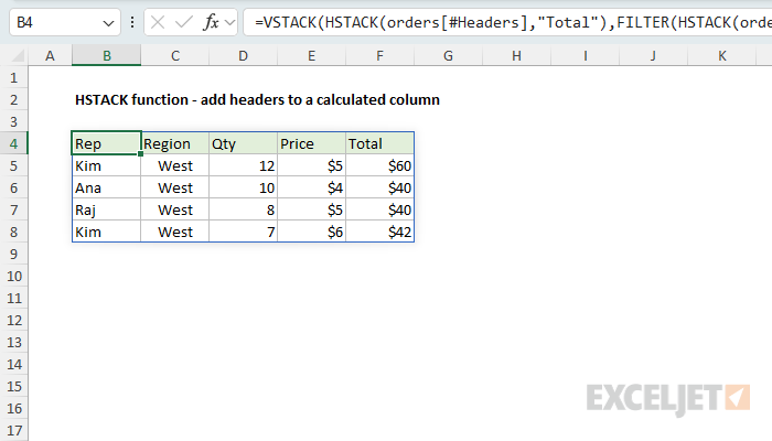 HSTACK example - add headers to a calculated column