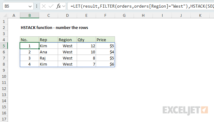 HSTACK example - number the rows