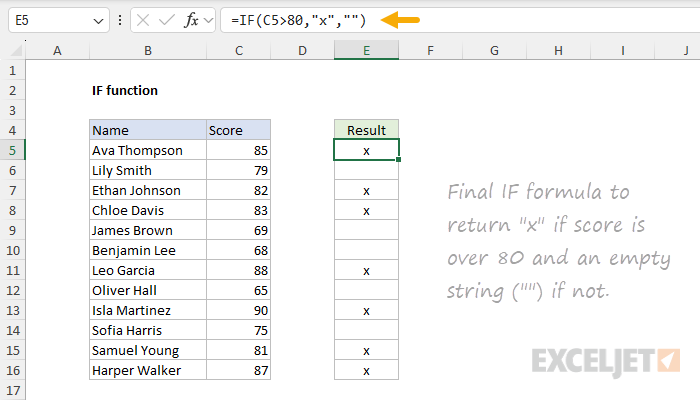 Basic example - final IF formula to mark scores over 80