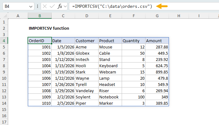 Excel IMPORTCSV function | Exceljet