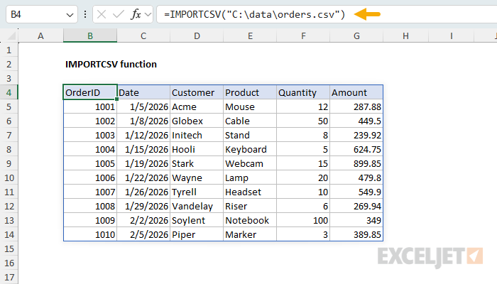 Excel IMPORTCSV Function