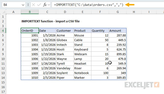 Import a CSV file with IMPORTTEXT